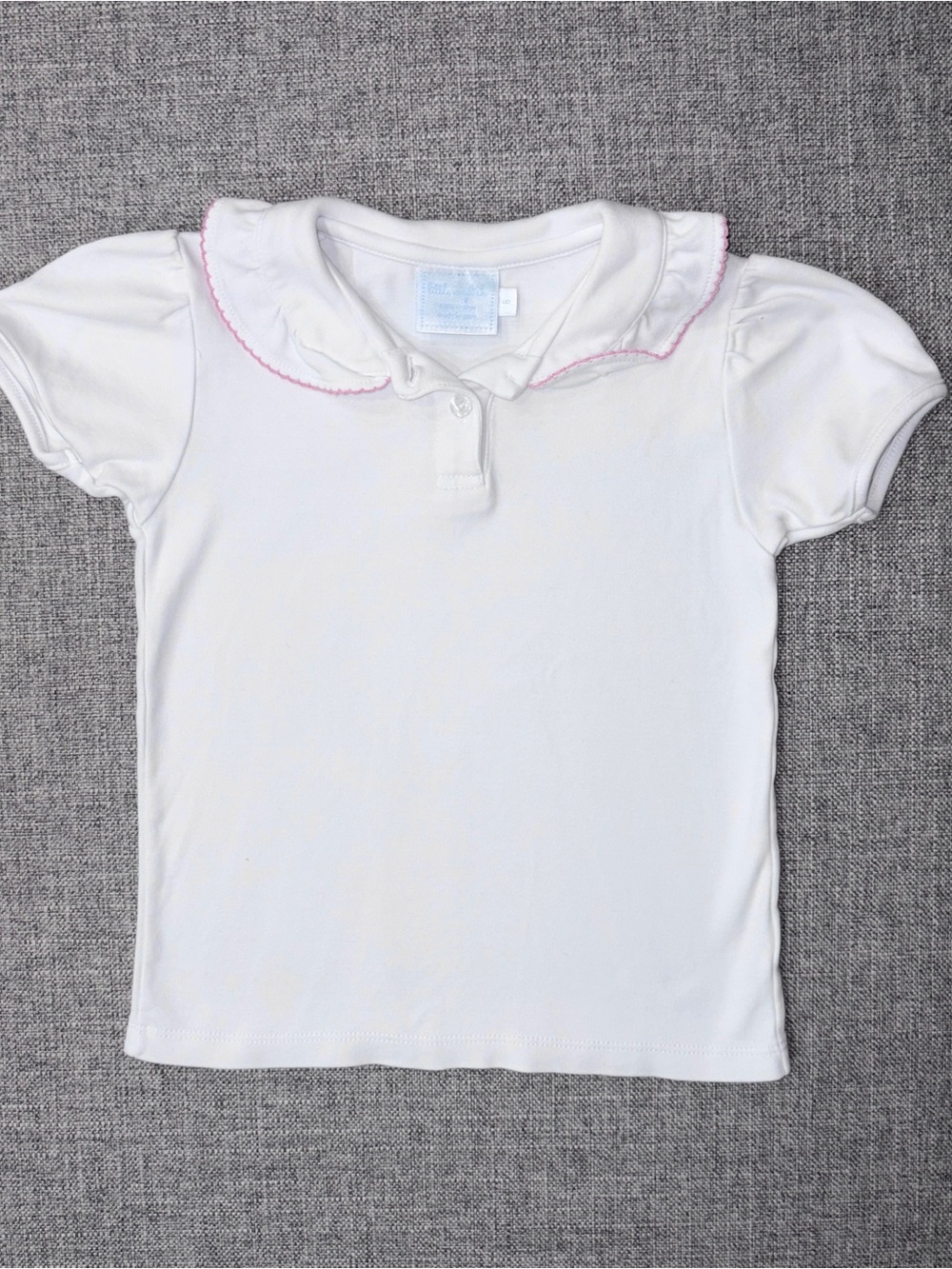 Little English White Polo with Pink Scalloped Collar